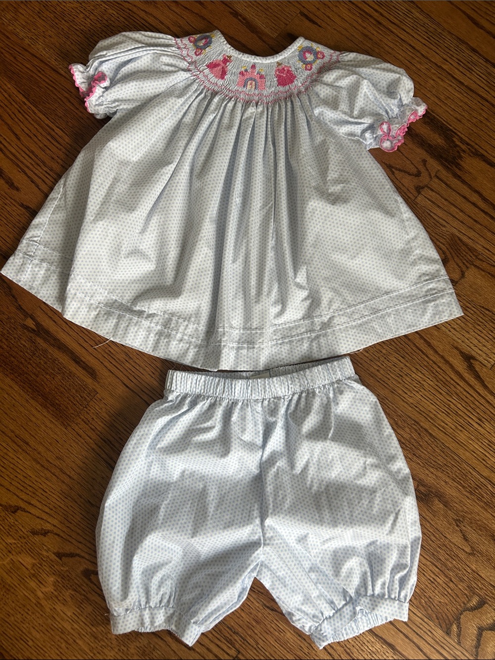 Light Blue Smocked Girls Pajama Set with Pink Trim